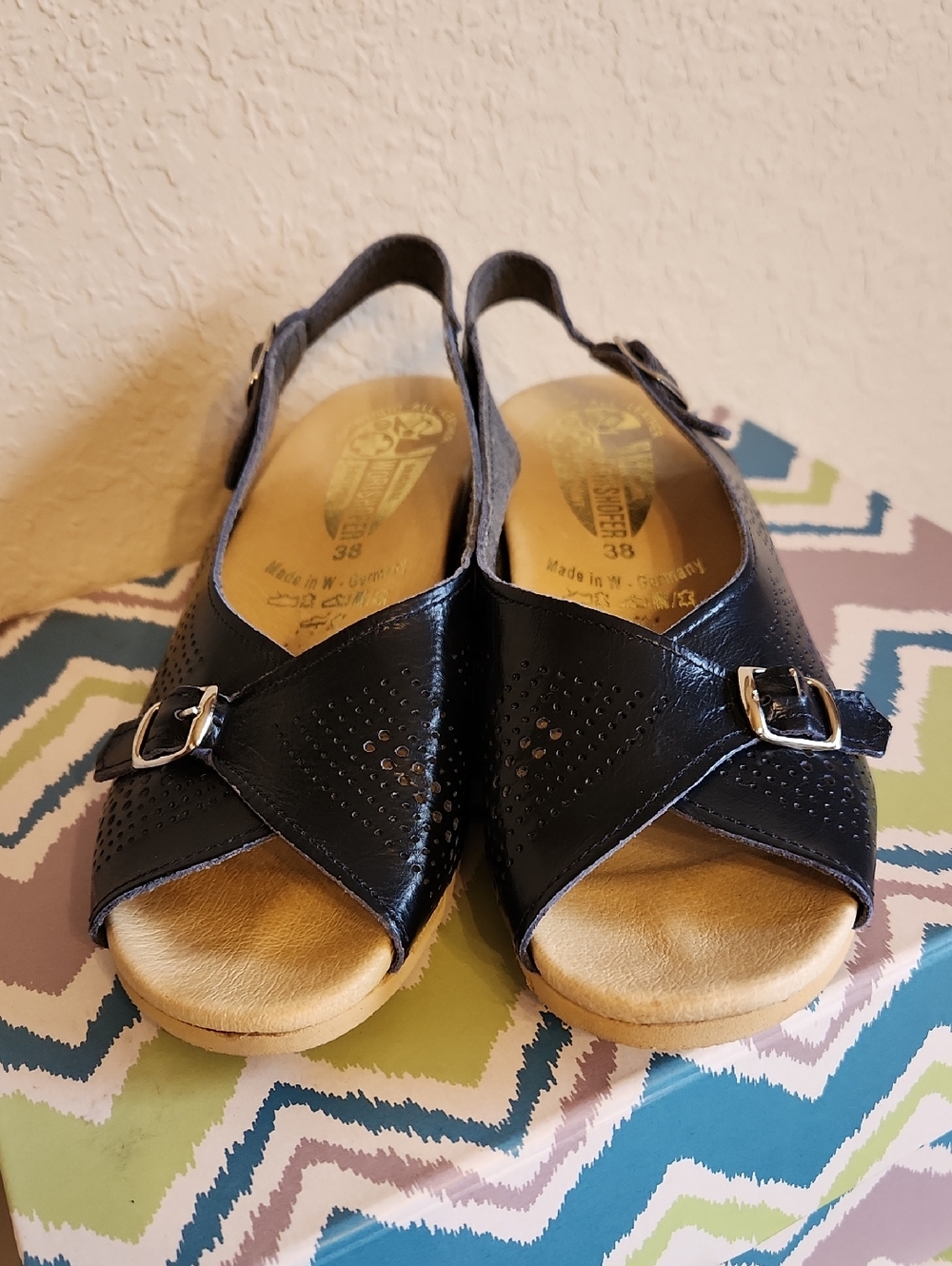 WORISHOFER 562 Navy Perforated Leather Slingback Sandals with Buckles